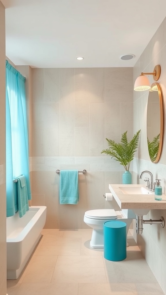 A modern bathroom featuring light beige tiles and ocean blue accents.