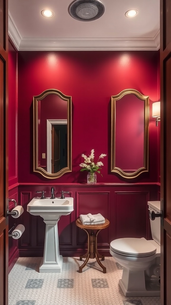 A modern bathroom featuring rich burgundy walls and white fixtures.