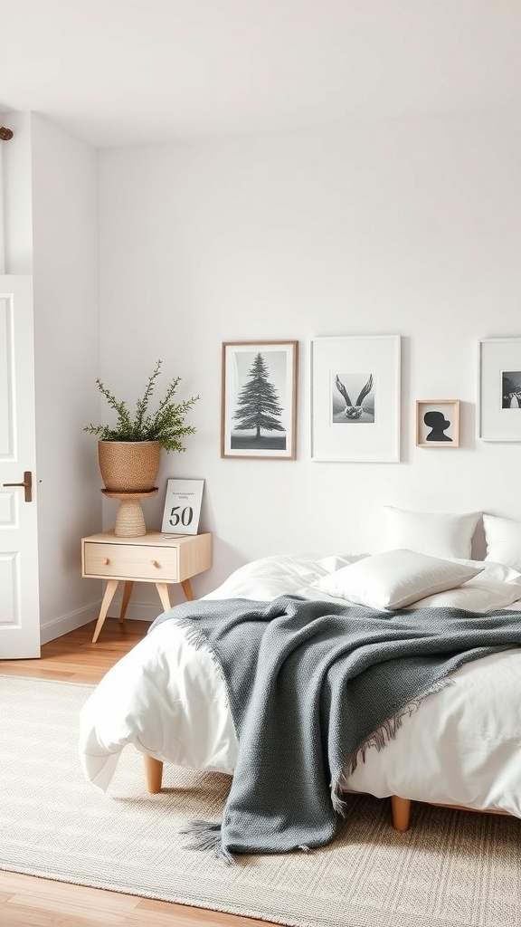 A Scandinavian bedroom with a cozy bed, stylish decor, and a minimalist aesthetic.