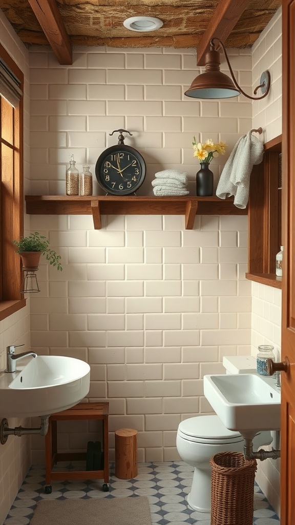 A rustic bathroom featuring brown wooden accents and cream tiles.