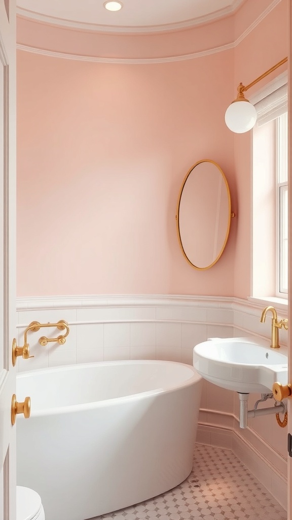 A modern bathroom featuring blush pink walls and gold accents.