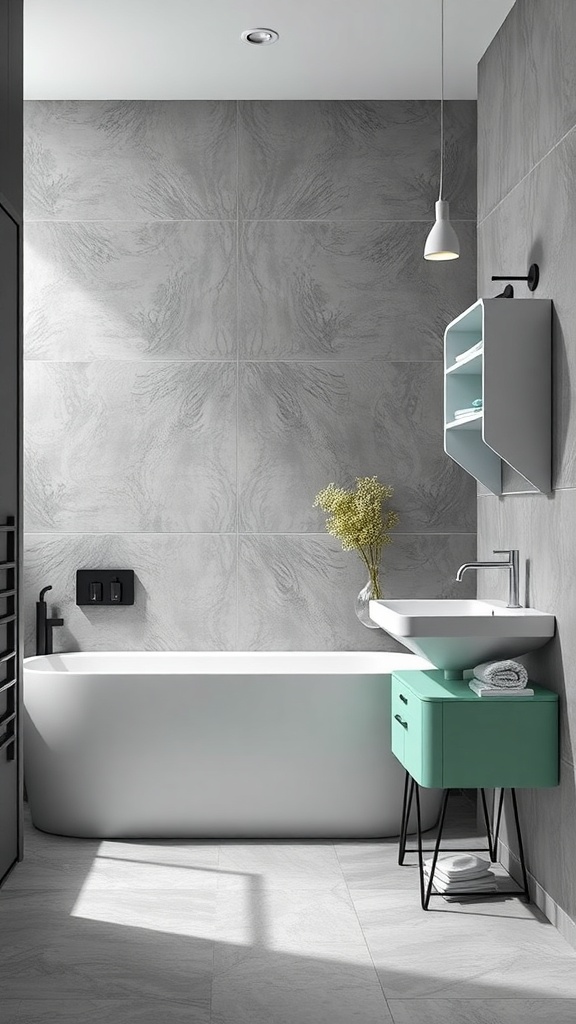 A modern bathroom featuring cool gray walls and mint green accents.