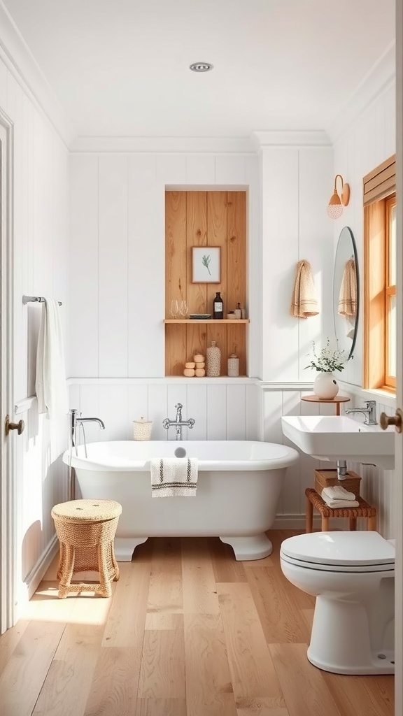 A modern bathroom featuring white walls, wooden accents, and a bright, airy atmosphere.