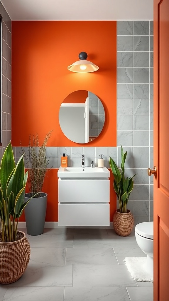 A modern bathroom featuring a sunset orange wall and gray tiles, complemented by plants.