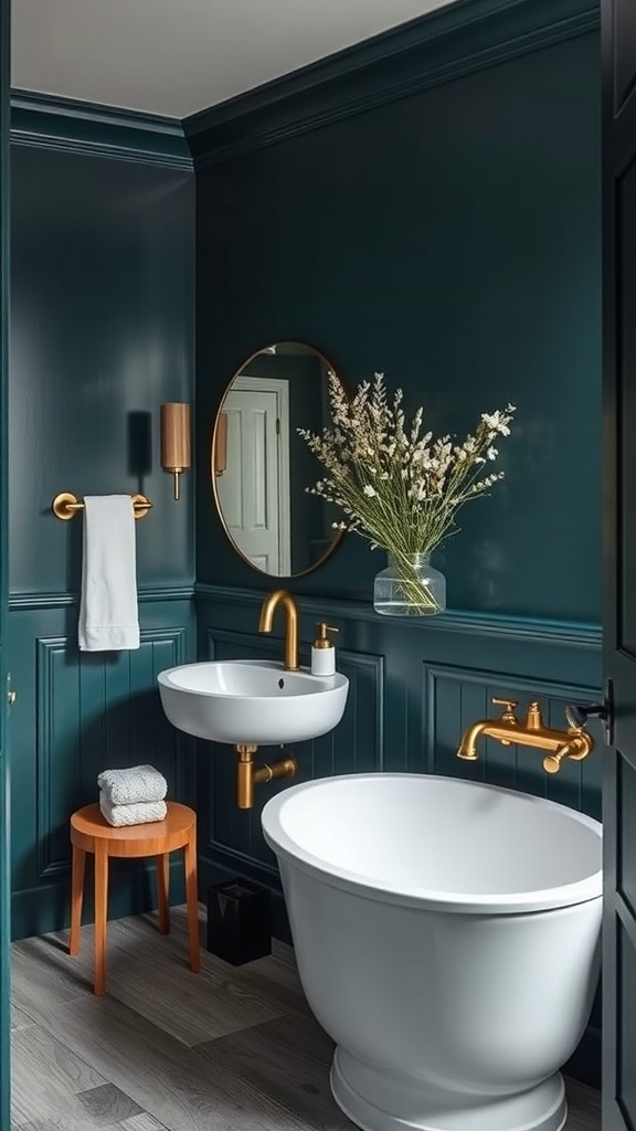 A modern bathroom featuring deep teal walls and brass fixtures.