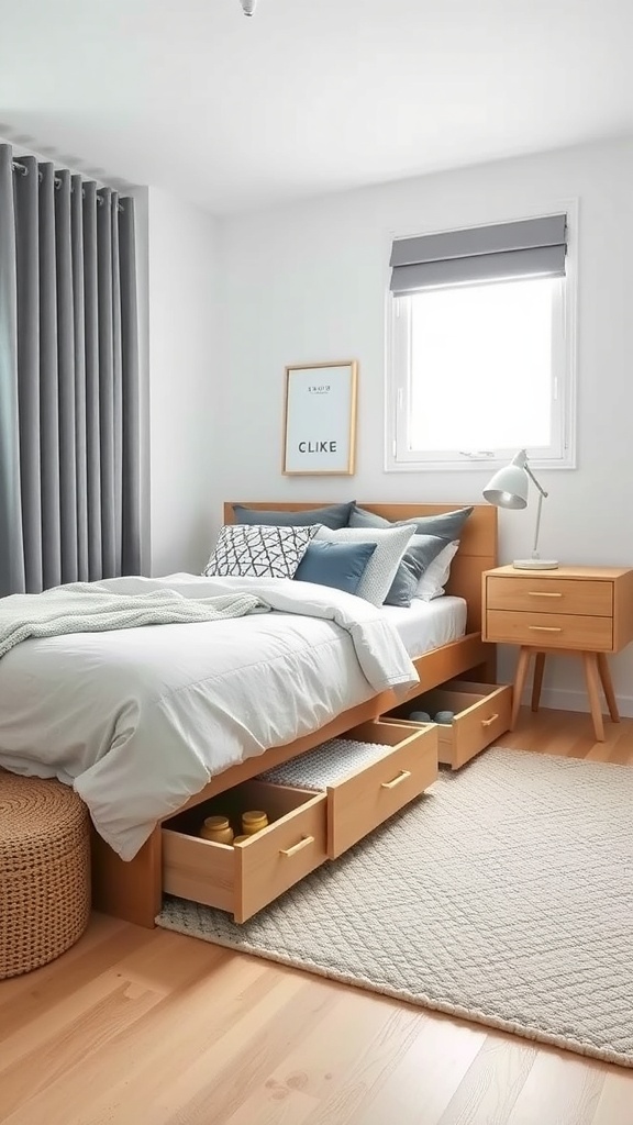 A Scandinavian bedroom featuring a bed with storage drawers underneath, a side table, and a cozy rug.