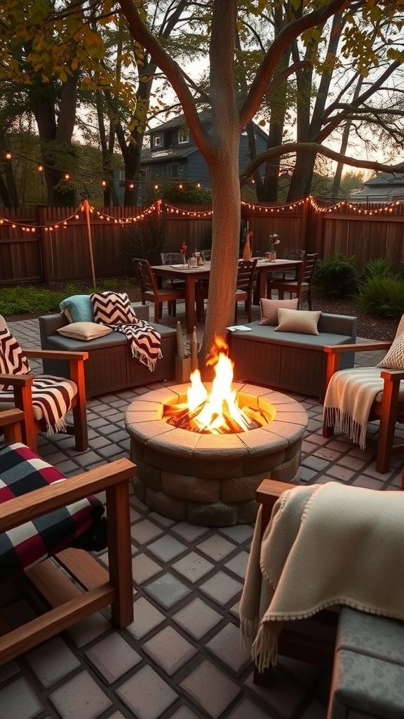 Cozy outdoor fire pit area with seating and string lights.