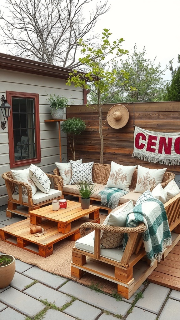 A rustic outdoor patio with wooden pallet seating, cushions, and a cozy throw blanket.