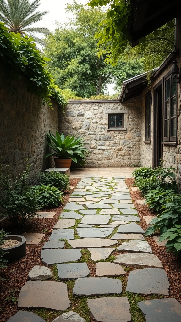 A rustic stone pathway surrounded by greenery and a stone wall.