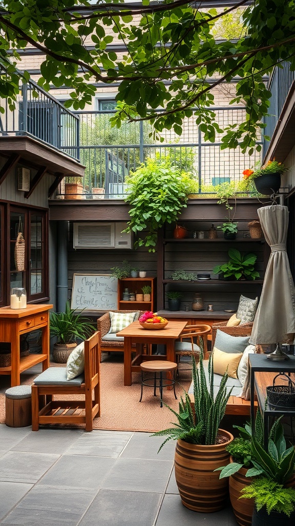 A rustic outdoor patio featuring reclaimed wood furniture, plants, and a cozy seating arrangement.