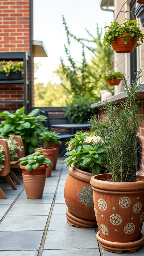 A collection of potted herbs and plants on a patio, showcasing various sizes and styles of pots.