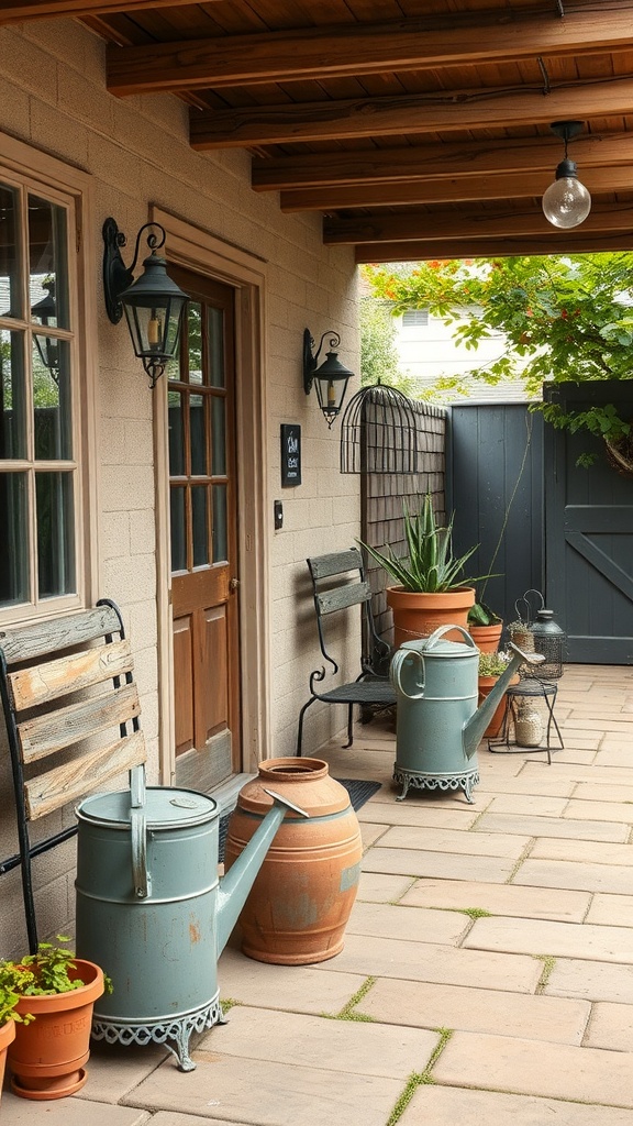 Outdoor patio with vintage metal watering cans and lanterns