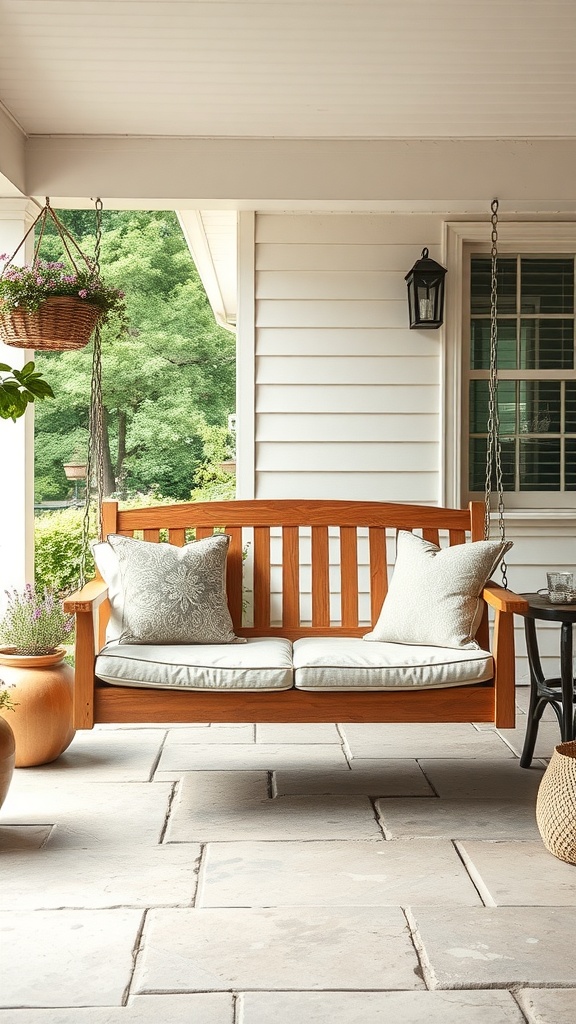A charming wooden porch swing with cushions, set on a patio with hanging plants and a lantern.