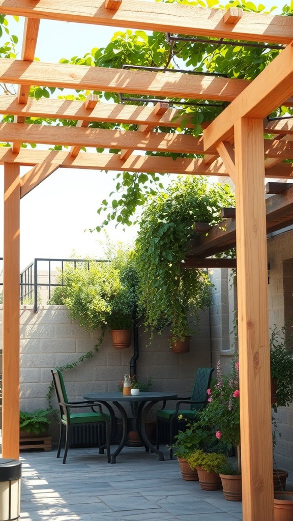 Natural wood pergola with greenery and seating area on a patio.