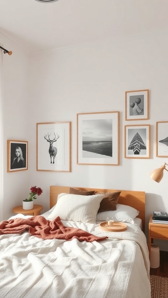 A cozy Scandinavian bedroom featuring a bed with soft pillows and a textured blanket, surrounded by framed black and white art on the wall.