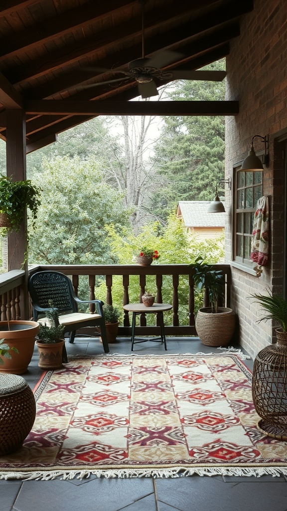 A cozy outdoor patio featuring a colorful rug, plants, and seating.