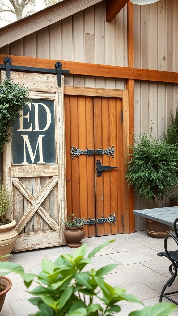 Rustic outdoor patio featuring weathered barn doors and potted plants.