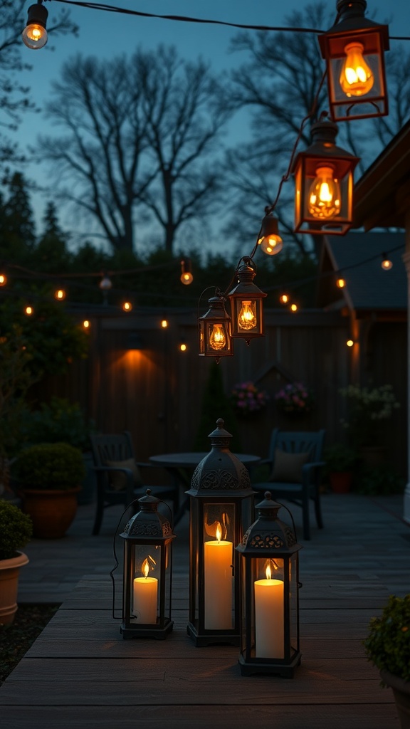 Rustic lanterns illuminating an outdoor patio at dusk