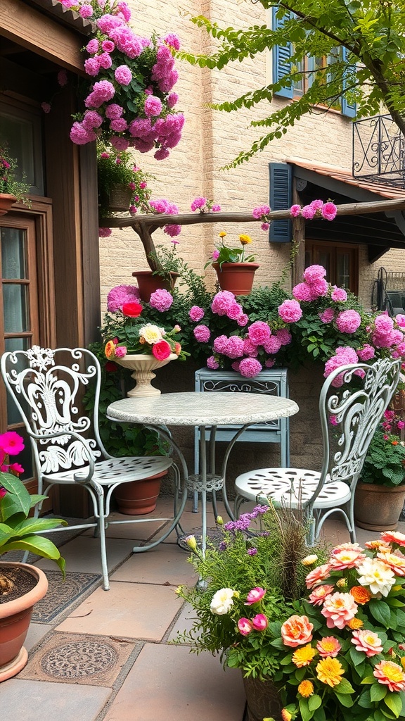 A cozy outdoor patio featuring vintage wrought iron furniture surrounded by colorful flowers.
