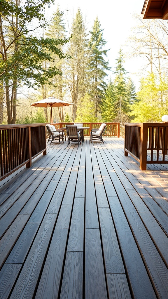 Wooden decking with natural finish surrounded by trees and outdoor furniture.