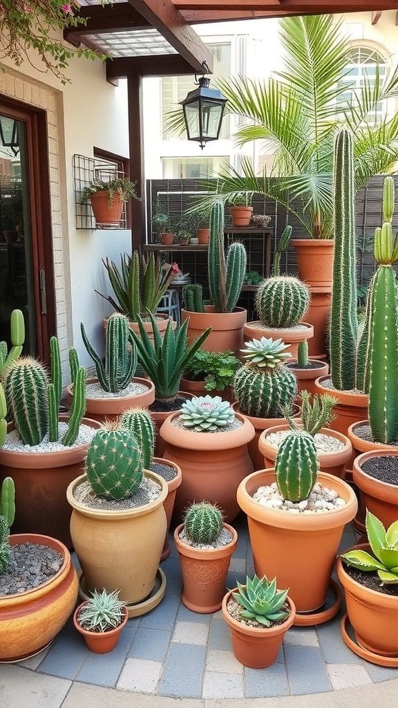 A variety of succulents and cacti in terracotta pots on a patio.