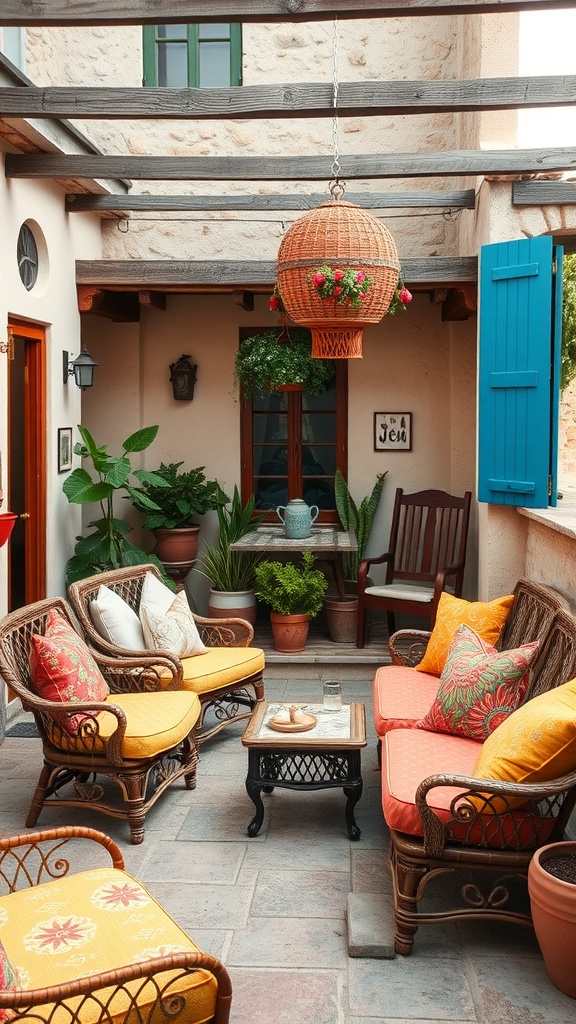 A cozy outdoor patio with colorful vintage cushions on wicker furniture.