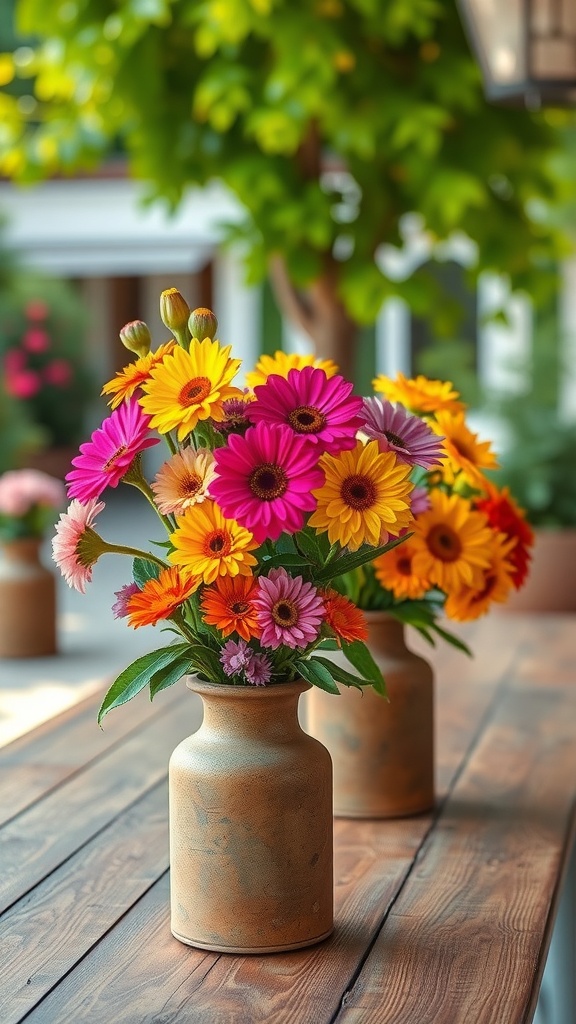 Vibrant flowers in rustic vases on a wooden patio table.