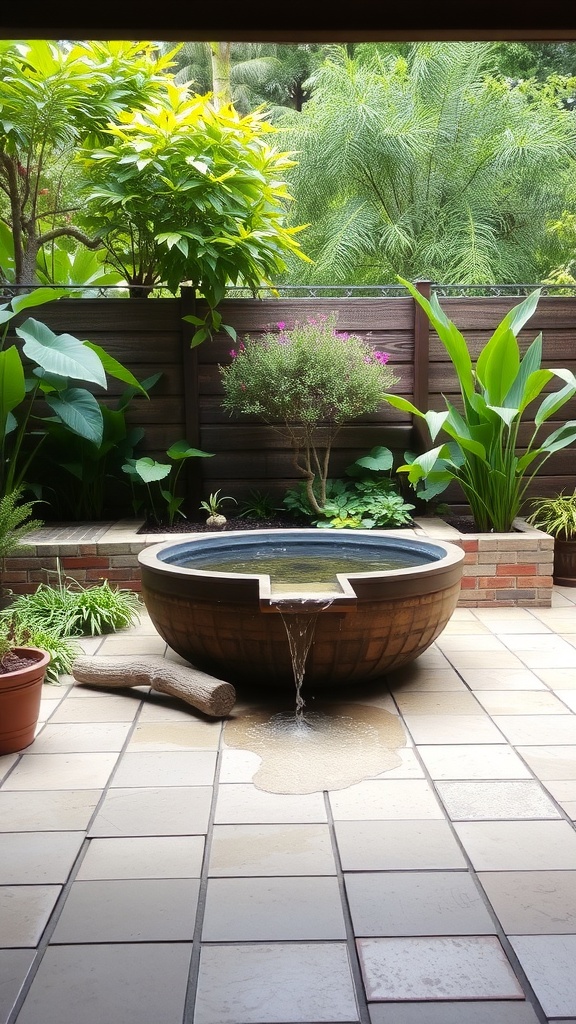 A rustic water feature with a round basin and gentle water flow surrounded by greenery.