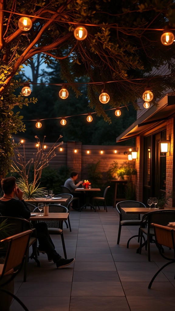 Outdoor patio with bistro lighting creating an intimate setting.