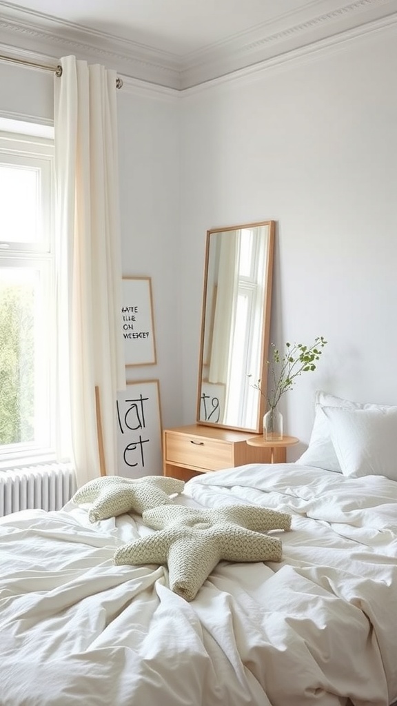 A bright Scandinavian bedroom featuring a mirror, light curtains, and cozy bedding.