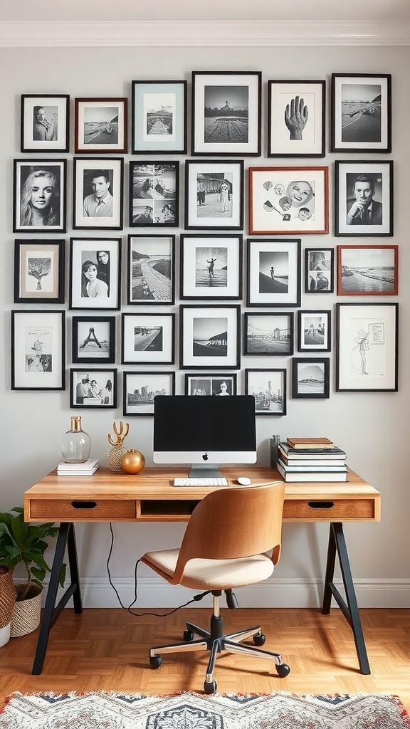 A stylish home office featuring a gallery wall with various framed black and white photos.