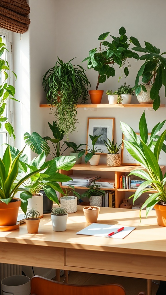 A bright home office with various indoor plants on shelves and a desk.