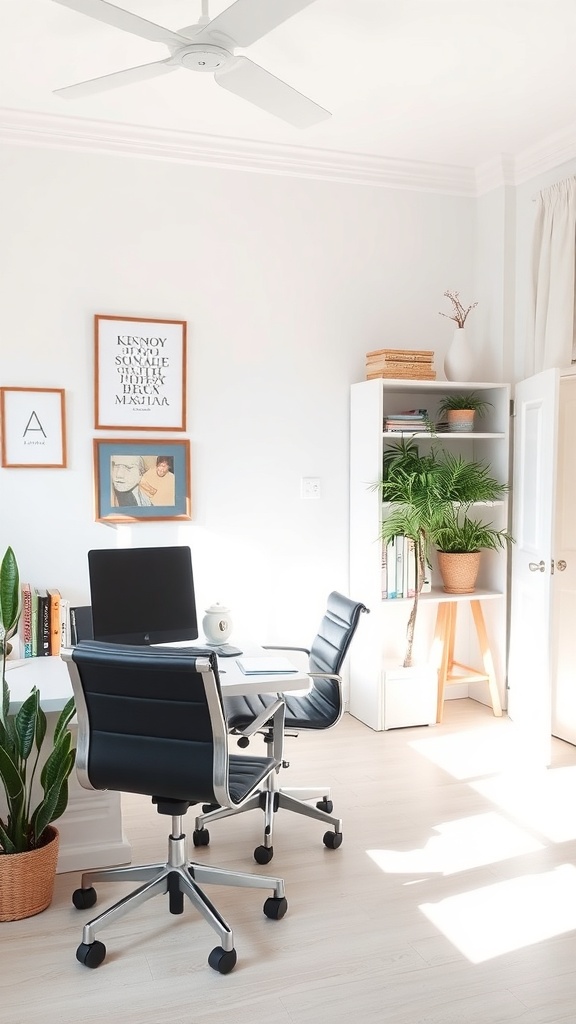 A bright home office with light-colored walls, a desk, and plants.