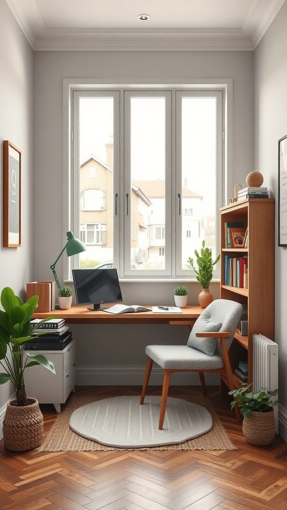 Cozy reading nook in a home office with a chair, desk, and plants.