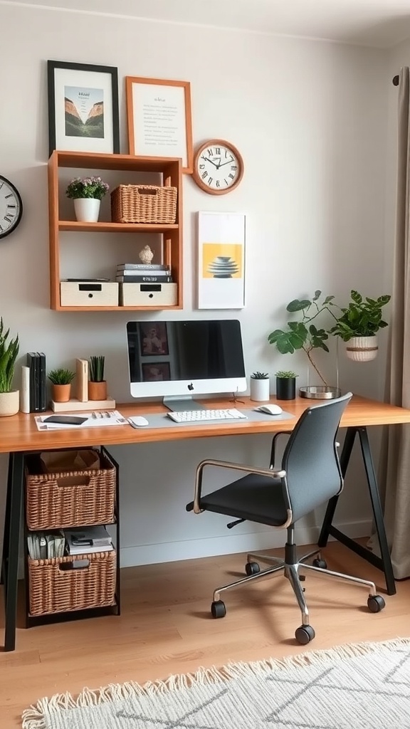 A well-organized home office desk with plants, storage baskets, and a computer.