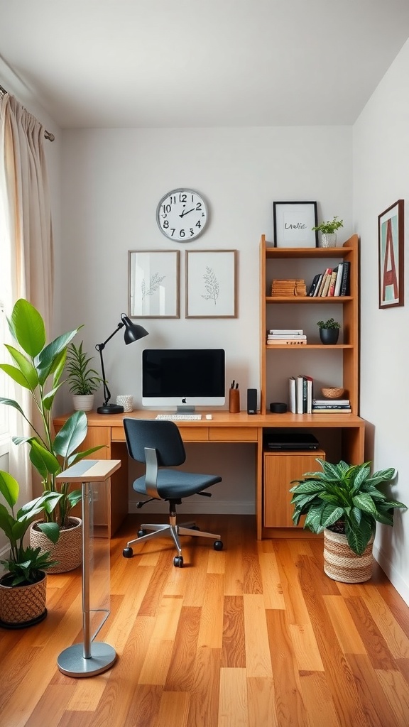 A cozy home office featuring multi-functional furniture, including a desk with shelves and plants.
