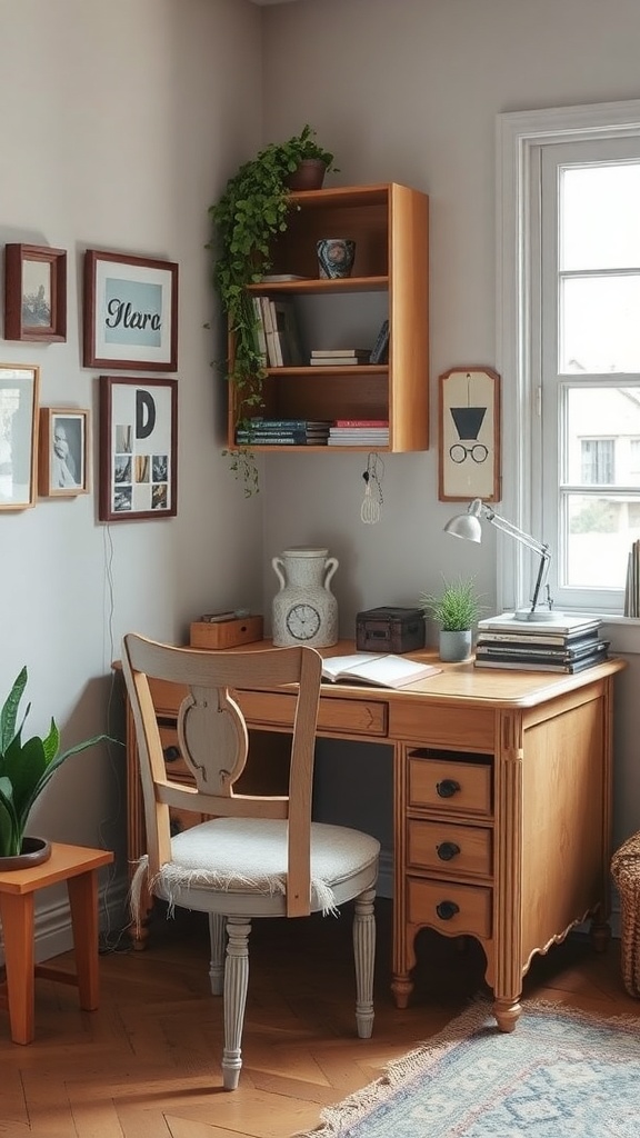 A cozy home office with a wooden desk, a chair, and decorative wall art.