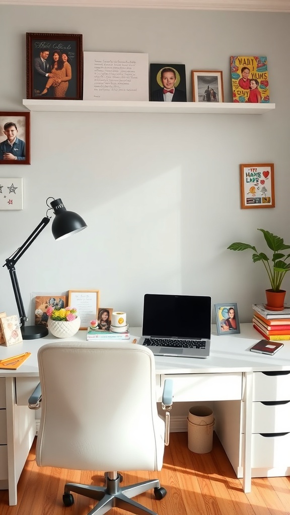 A cozy home office with personal photos and decor on the shelves.