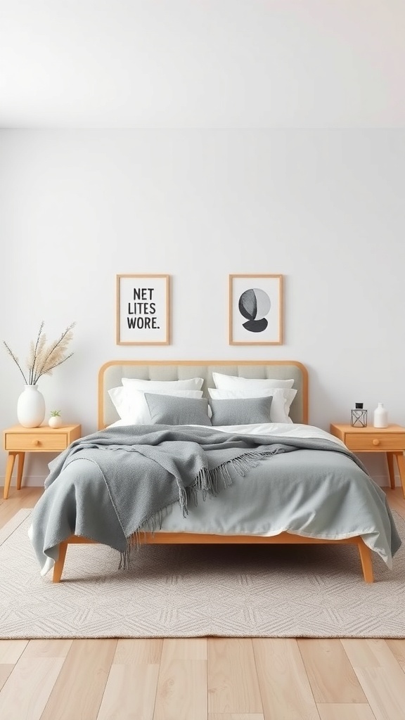 A Scandinavian bedroom featuring a bed with gray bedding, two matching nightstands, and framed art on the wall.