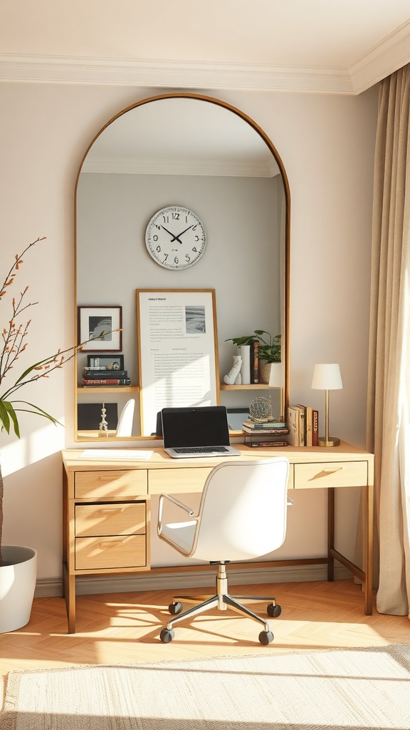 A stylish home office with a large mirror above the desk, creating a bright and spacious feel.