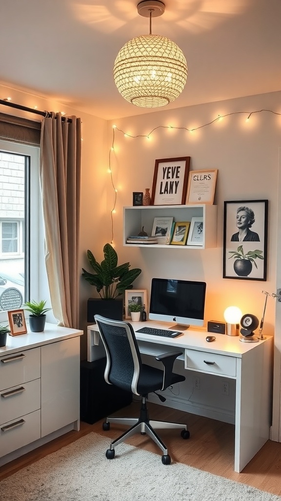 A cozy home office with a unique pendant lamp and string lights.