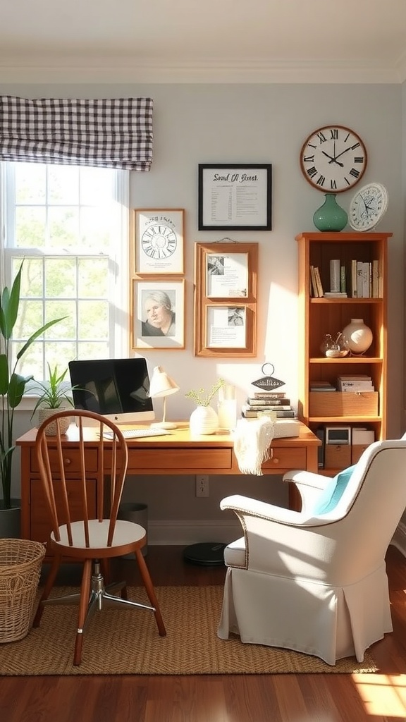 A cozy home office with wooden furniture, a comfortable chair, and themed decor.