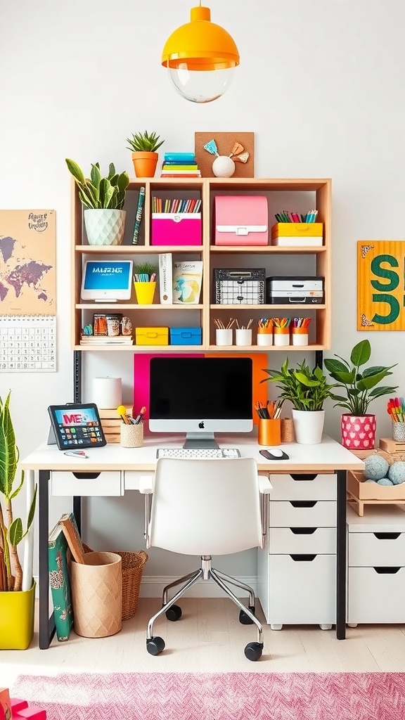 A colorful home office setup with various office supplies and plants.