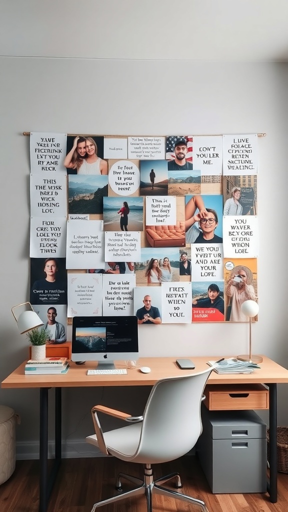 A vision board filled with inspiring images and quotes, displayed above a desk in a home office.