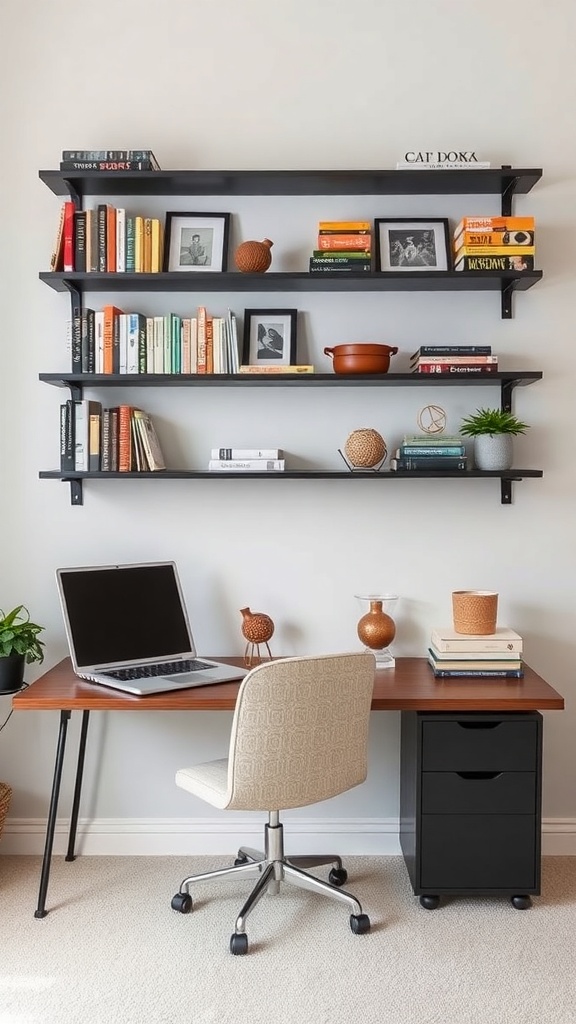 A stylish home office with black wall shelves displaying books and decor above a wooden desk with a laptop.