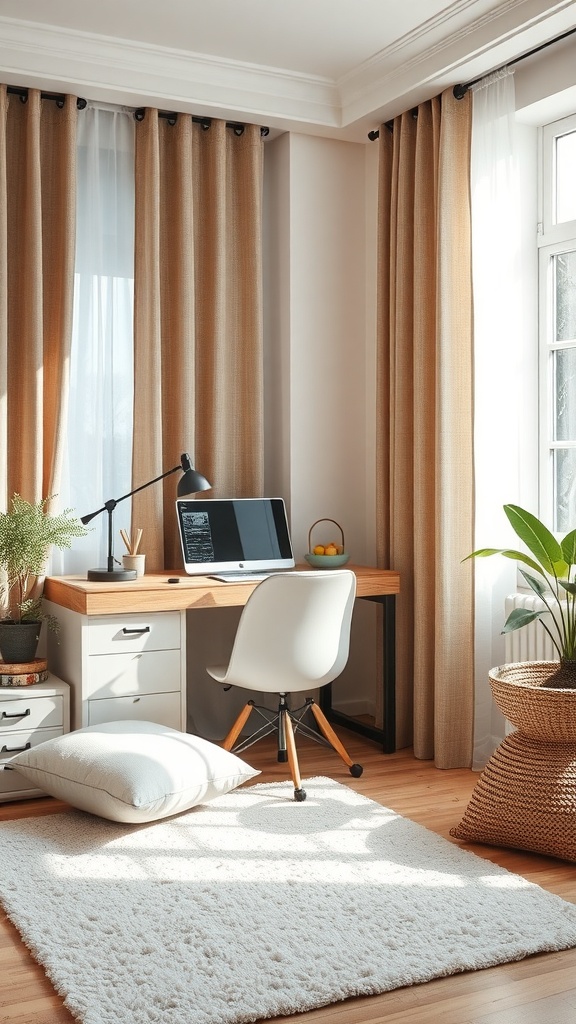 A cozy home office with soft curtains, a fluffy rug, and a modern desk.