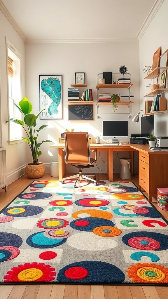Colorful rug in a home office setting with a desk and chair.