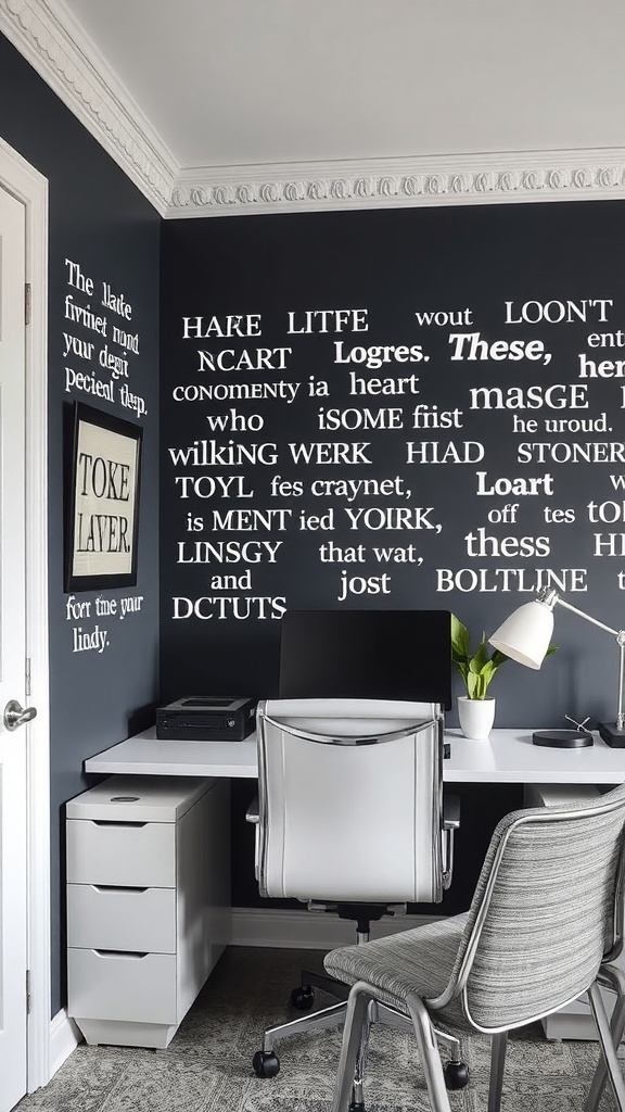 A modern home office featuring a wall decorated with text-based wall decals.