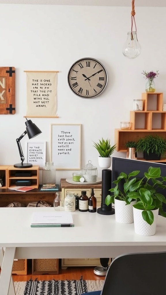 A cozy home office with upcycled decor elements like wooden crates, plants, and framed quotes.