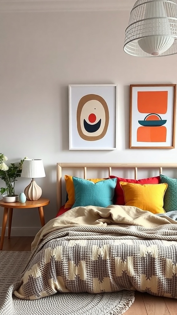 A Scandinavian bedroom featuring colorful pillows, artwork, and a cozy blanket.
